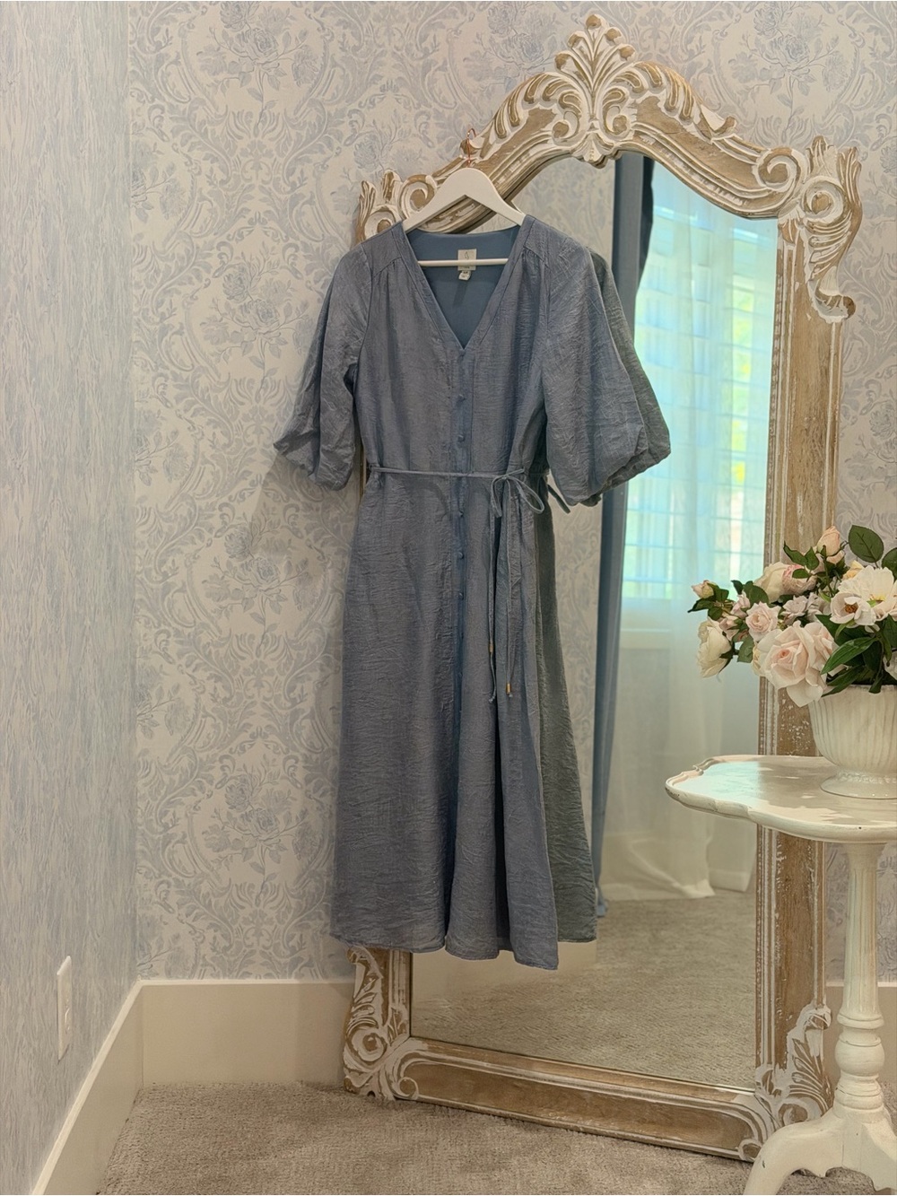 Joie Slate Blue V‑Neck Midi Dress with Tie Waist